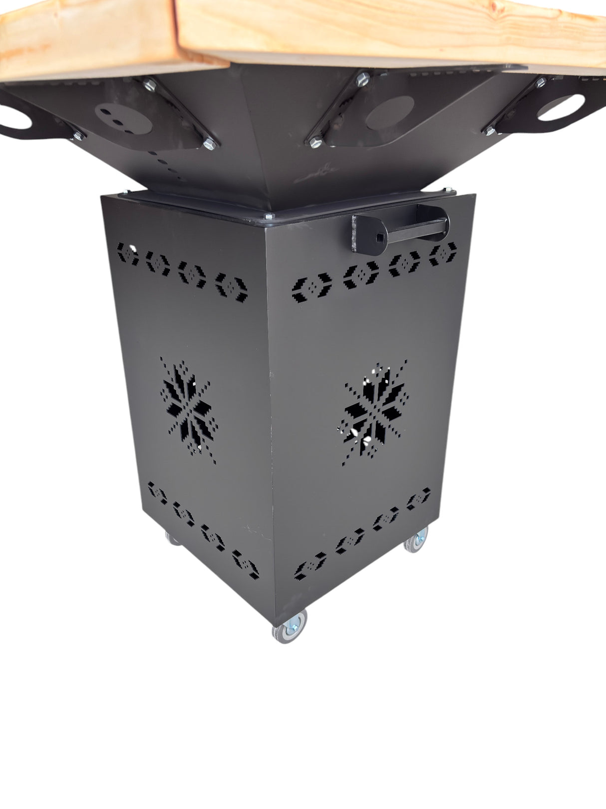 Gratar Gradina cu plita 10 mm Fire Pit 75x75 cm din fier  pe lemne, pentru terasa   CU BLAT DE LEMN SI MOTIVE TRADITIONALE