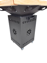 Gratar Gradina cu plita 10 mm Fire Pit 75x75 cm din fier  pe lemne, pentru terasa   CU BLAT DE LEMN SI MOTIVE TRADITIONALE
