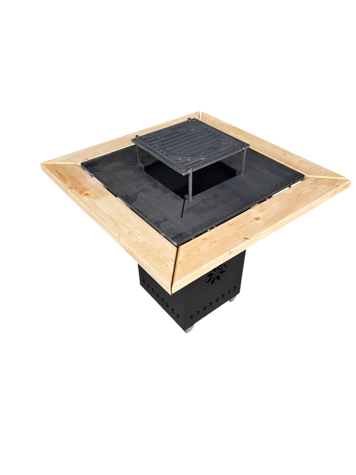 Gratar Gradina cu plita 10 mm Fire Pit 75x75 cm din fier  pe lemne, pentru terasa   CU BLAT DE LEMN SI MOTIVE TRADITIONALE