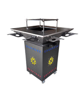 Gratar Gradina cu plita 10 mm Fire Pit 75x75 cm din fier  pe lemne, pentru terasa   CU BLAT DE LEMN SI MOTIVE TRADITIONALE