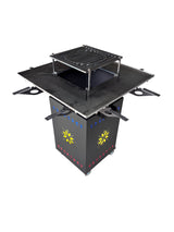 Gratar Gradina cu plita 10 mm Fire Pit 75x75 cm din fier  pe lemne, pentru terasa   CU BLAT DE LEMN SI MOTIVE TRADITIONALE