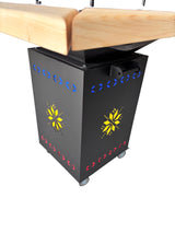 Gratar Gradina cu plita 10 mm Fire Pit 75x75 cm din fier  pe lemne, pentru terasa   CU BLAT DE LEMN SI MOTIVE TRADITIONALE