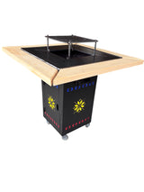 Gratar Gradina cu plita 10 mm Fire Pit 75x75 cm din fier  pe lemne, pentru terasa   CU BLAT DE LEMN SI MOTIVE TRADITIONALE