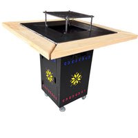 Gratar Gradina cu plita 10 mm Fire Pit 75x75 cm din fier  pe lemne, pentru terasa   CU BLAT DE LEMN SI MOTIVE TRADITIONALE