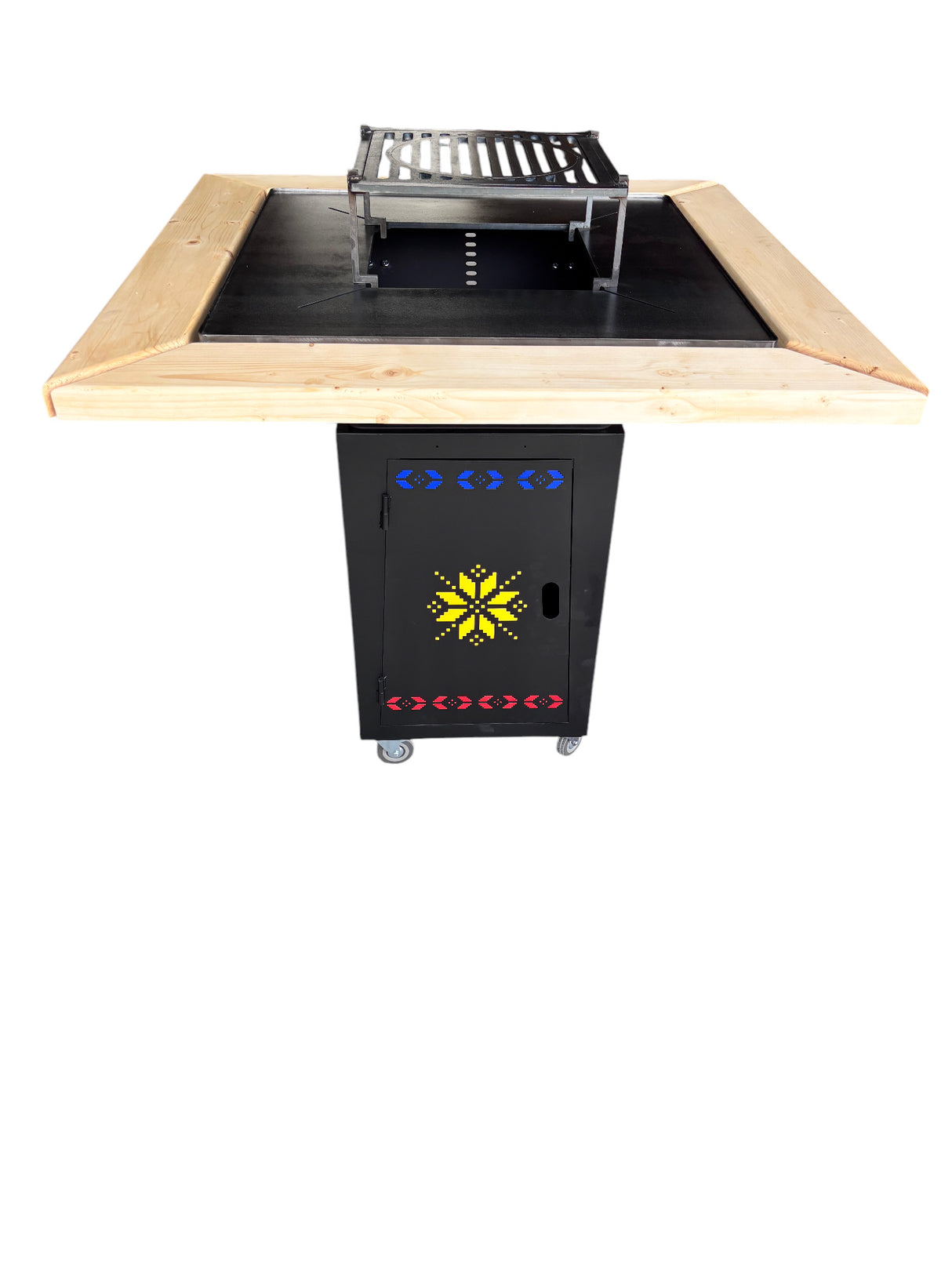 Gratar Gradina cu plita 10 mm Fire Pit 75x75 cm din fier  pe lemne, pentru terasa   CU BLAT DE LEMN SI MOTIVE TRADITIONALE
