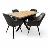 Set masa cu scaune bucatarie, dining,living, sufragerie, blat din lemn masiv cu picioare metalice, scaune husa gri, 4-6 persoane, Olivia