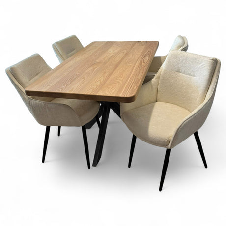 Set masa cu scaune bucatarie, dining, living, sufragerie, blat din lemn masiv frasin cu picioare metalice, scaune husa crem, 4 persoane, Diana
