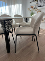 Set masa cu scaune bucatarie, dining, living, sufragerie, blat din pal alb cu picioare metalice, scaune husa plus alb, 4 persoane, Cristina