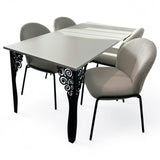 Set masa cu scaune bucatarie, dining, living, sufragerie, blat din pal alb cu picioare metalice, scaune husa plus alb, 4 persoane, Cristina