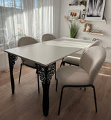 Set masa cu scaune bucatarie, dining, living, sufragerie, blat din pal alb cu picioare metalice, scaune husa plus alb, 4 persoane, Cristina