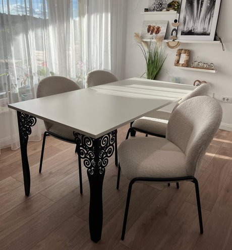Set masa cu scaune bucatarie, dining, living, sufragerie, blat din pal alb cu picioare metalice, scaune husa plus alb, 4 persoane, Cristina