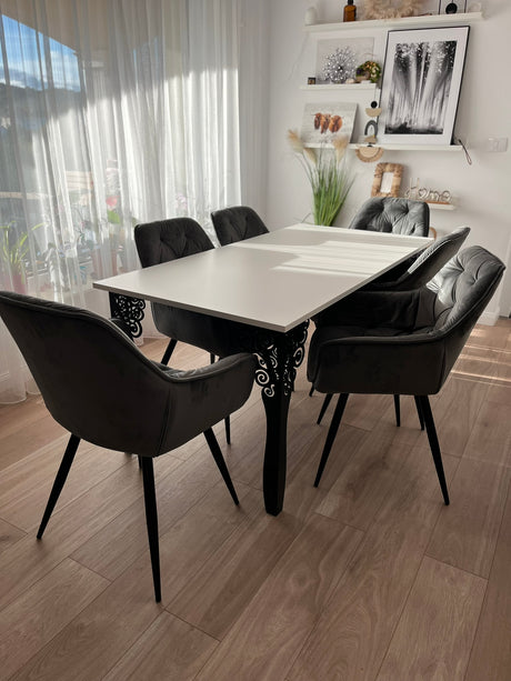 Set masa cu scaune bucatarie, dining, living, sufragerie, blat alb cu picioare metalice negre, scaune husa catifea gri, 6 persoane, Iasmina