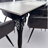 Set masa cu scaune bucatarie, dining, living, sufragerie, blat din pal cu picioare metalice, scaune husa catifea gri, 4 persoane, Antonia