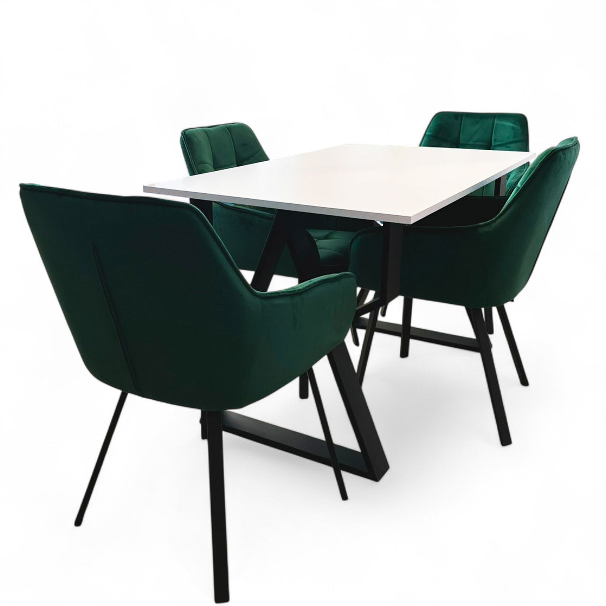 Set masa cu scaune bucatarie, dining, living, sufragerie, blat alb cu picioare metalice, scaune husa catifea verde, 4 persoane, ADELA