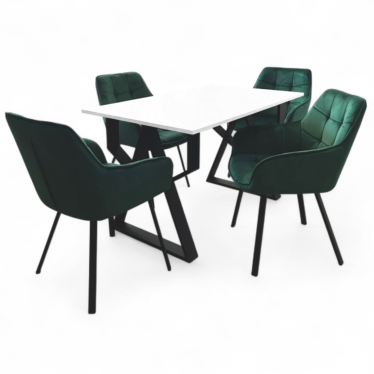 Set masa cu scaune bucatarie, dining, living, sufragerie, blat alb cu picioare metalice, scaune husa catifea verde, 4 persoane, ADELA