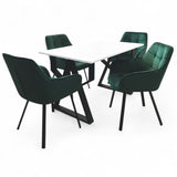 Set masa cu scaune bucatarie, dining, living, sufragerie, blat alb cu picioare metalice, scaune husa catifea verde, 4 persoane, ADELA