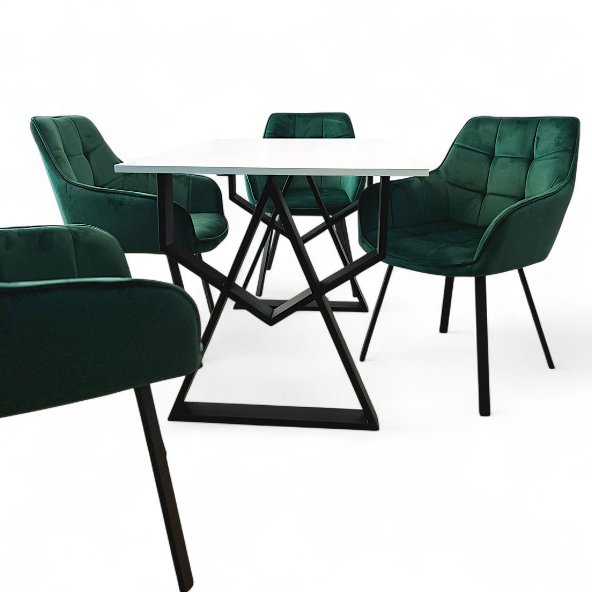 Set masa cu scaune bucatarie, dining, living, sufragerie, blat alb cu picioare metalice, scaune husa catifea verde, 4 persoane, ADELA