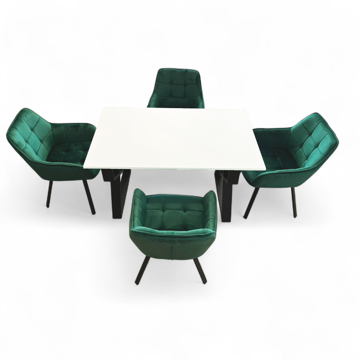 Set masa cu scaune bucatarie, dining, living, sufragerie, blat alb cu picioare metalice, scaune husa catifea verde, 4 persoane, ADELA