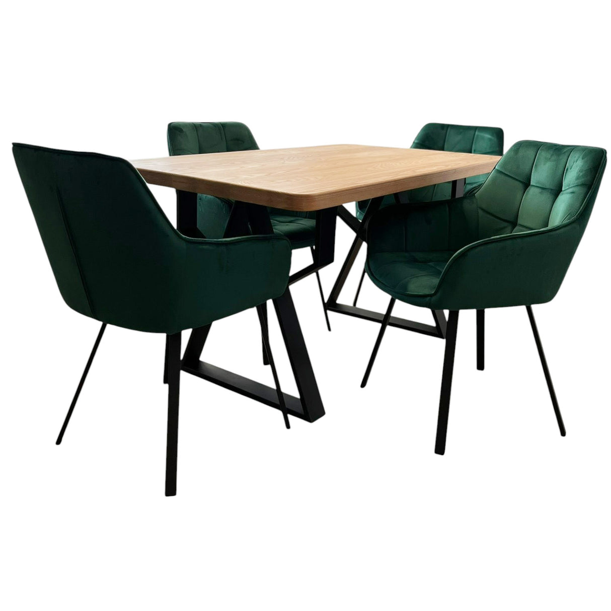 Set masa cu scaune bucatarie, dining, living, sufragerie, blat din lemn masiv cu picioare metalice, scaune husa catifea verde, 4 persoane, MONA