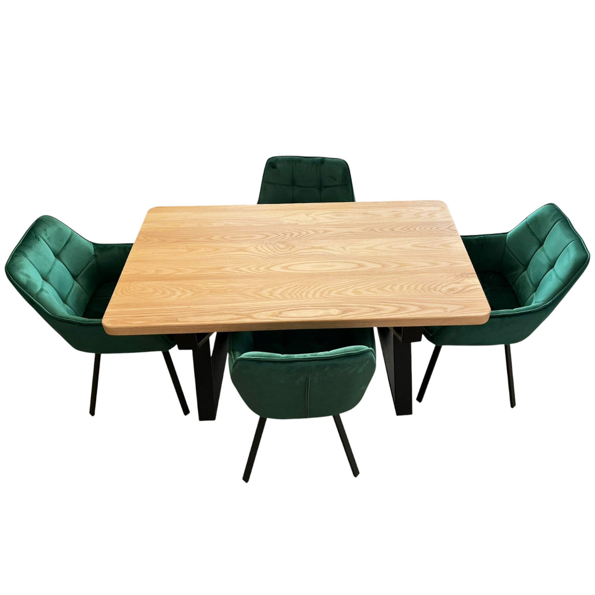 Set masa cu scaune bucatarie, dining, living, sufragerie, blat din lemn masiv cu picioare metalice, scaune husa catifea verde, 4 persoane, MONA