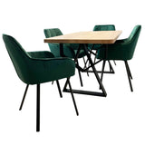 Set masa cu scaune bucatarie, dining, living, sufragerie, blat din lemn masiv cu picioare metalice, scaune husa catifea verde, 4 persoane, MONA