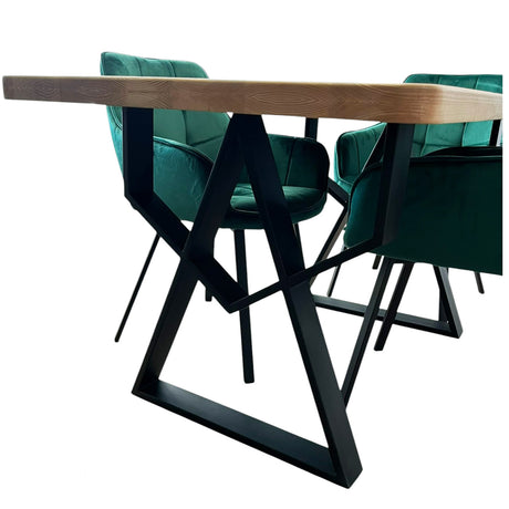 Set masa cu scaune bucatarie, dining, living, sufragerie, blat din lemn masiv cu picioare metalice, scaune husa catifea verde, 4 persoane, MONA