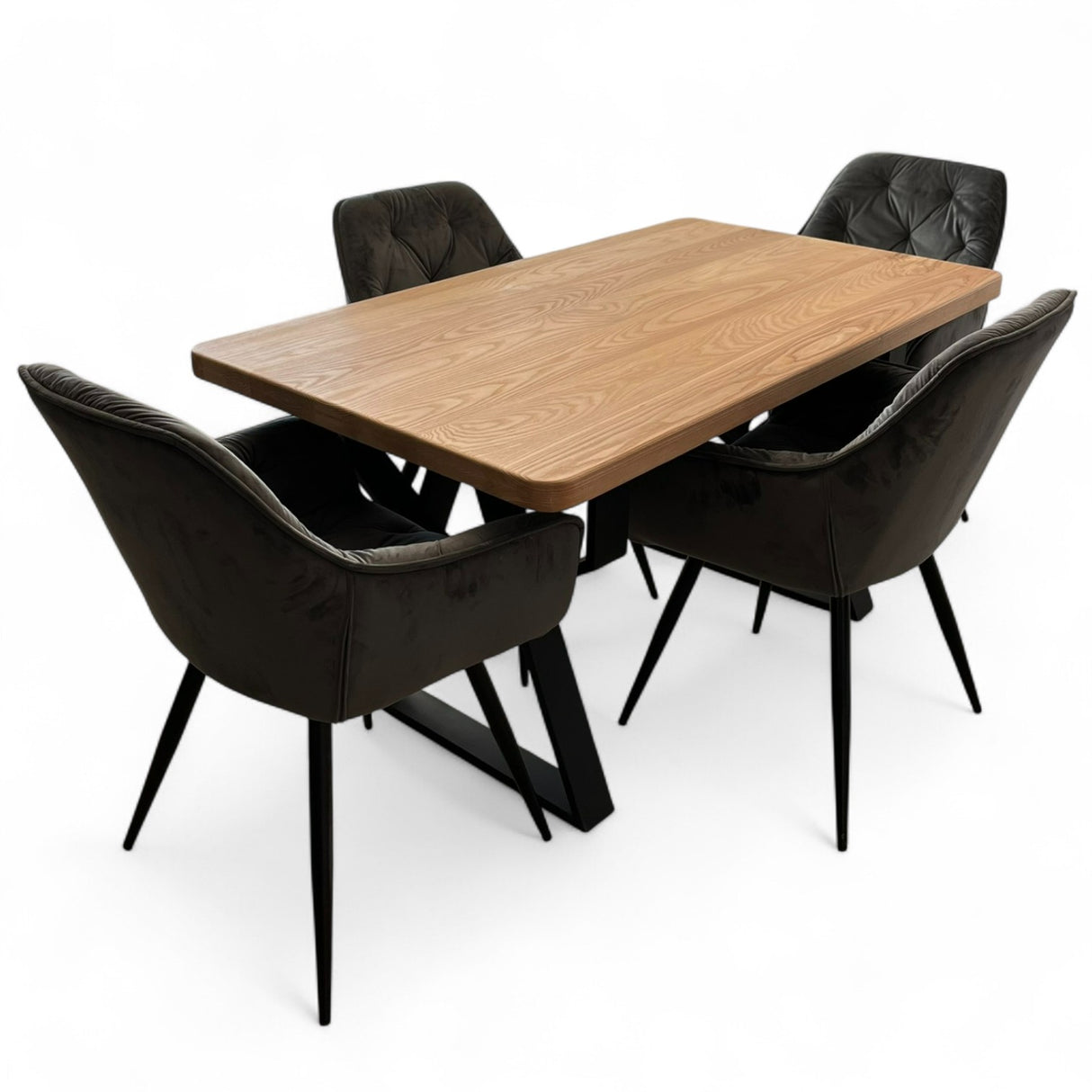 Set masa cu scaune bucatarie, dining, living, sufragerie, blat din lemn masiv cu picioare metalice, scaune gri, 4 persoane, MIA