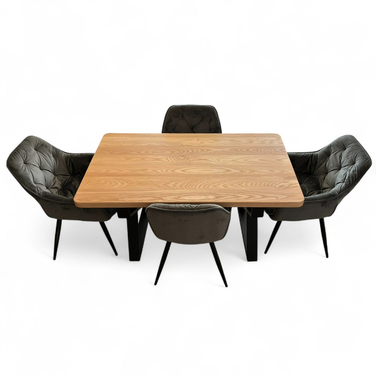 Set masa cu scaune bucatarie, dining, living, sufragerie, blat din lemn masiv cu picioare metalice, scaune gri, 4 persoane, MIA
