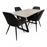Set masa cu scaune bucatarie, dining, living, sufragerie, blat din pal cu picioare metalice, scaune husa catifea gri, 4 persoane, Alina