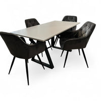 Set masa cu scaune bucatarie, dining, living, sufragerie, blat din pal cu picioare metalice, scaune husa catifea gri, 4 persoane, Alina