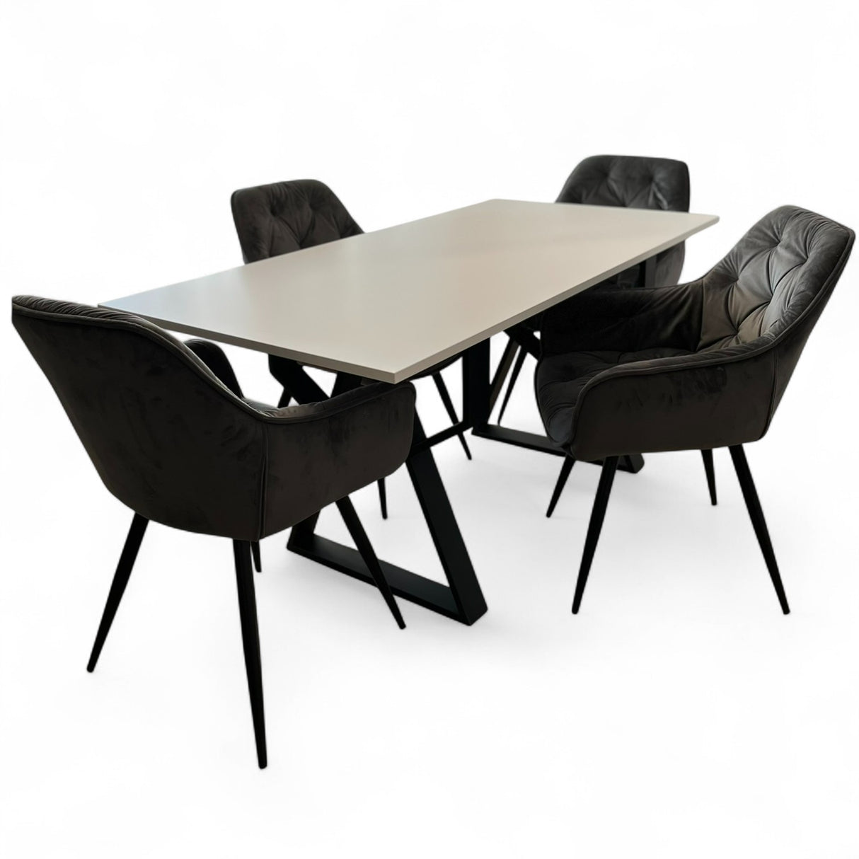 Set masa cu scaune bucatarie, dining, living, sufragerie, blat bej cu picioare metalice,  scaune husa gri ,4 persoane, DANA