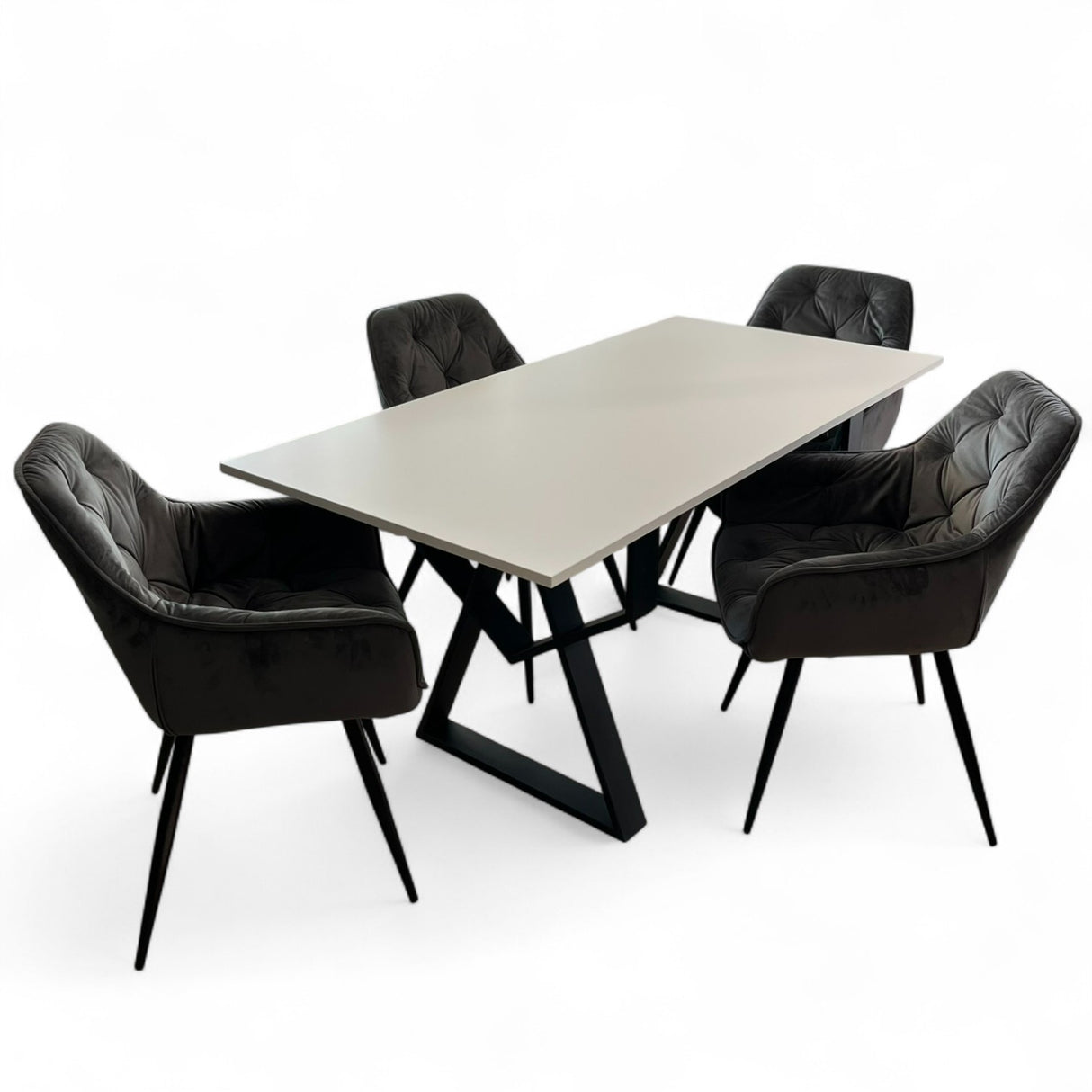 Set masa cu scaune bucatarie, dining, living, sufragerie, blat bej cu picioare metalice,  scaune husa gri ,4 persoane, DANA