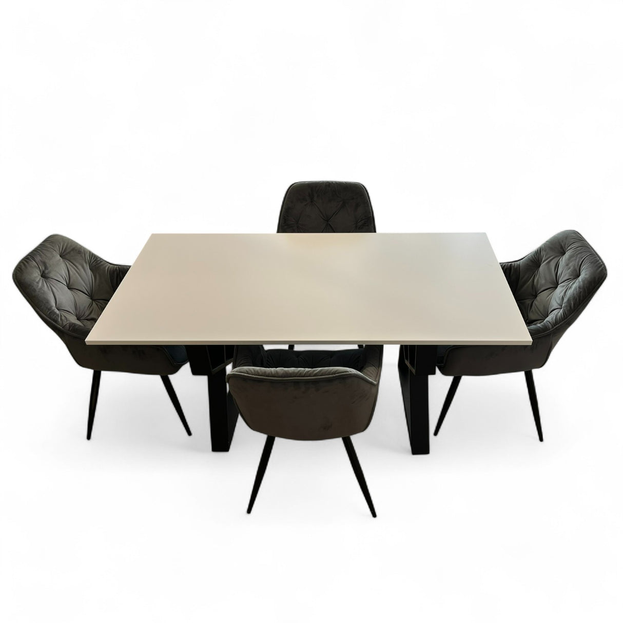 Set masa cu scaune bucatarie, dining, living, sufragerie, blat bej cu picioare metalice,  scaune husa gri ,4 persoane, DANA