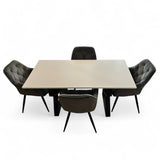 Set masa cu scaune bucatarie, dining, living, sufragerie, blat bej cu picioare metalice,  scaune husa gri ,4 persoane, DANA