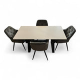 Set masa cu scaune bucatarie, dining, living, sufragerie, blat din pal cu picioare metalice, scaune husa catifea gri, 4 persoane, Alina