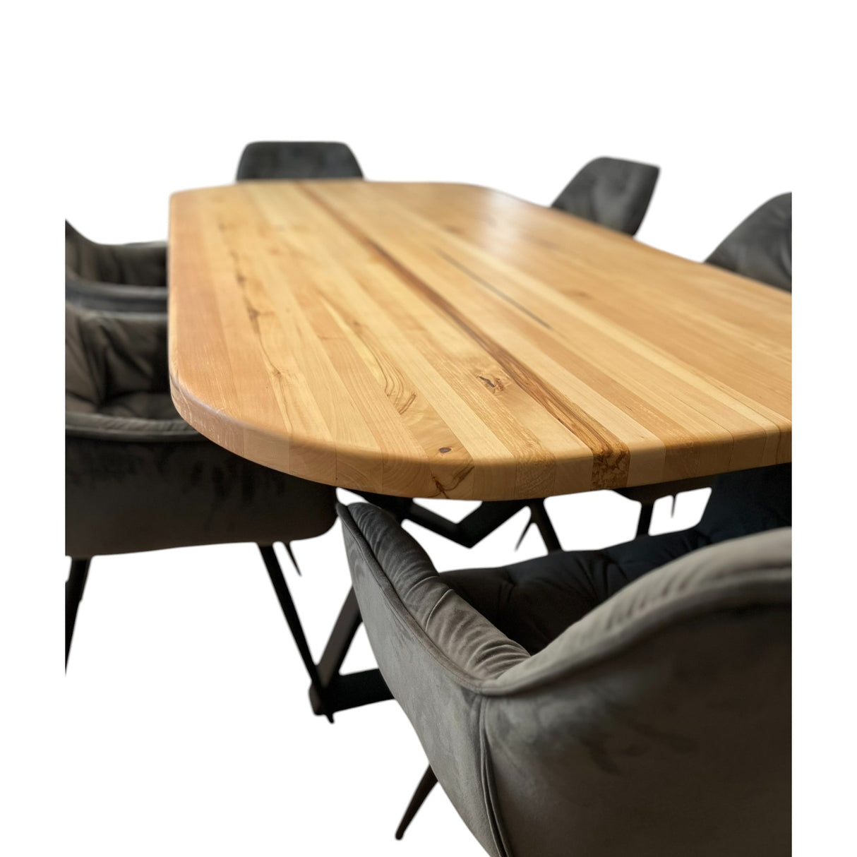 Set masa cu scaune bucatarie, dining,living, sufragerie, blat oval, din lemn masiv cu picioare metalice moderne,scaune gri, 6 persoane, set Cornelia