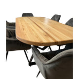 Set masa cu scaune bucatarie, dining,living, sufragerie, blat oval, din lemn masiv cu picioare metalice moderne,scaune gri, 6 persoane, set Cornelia