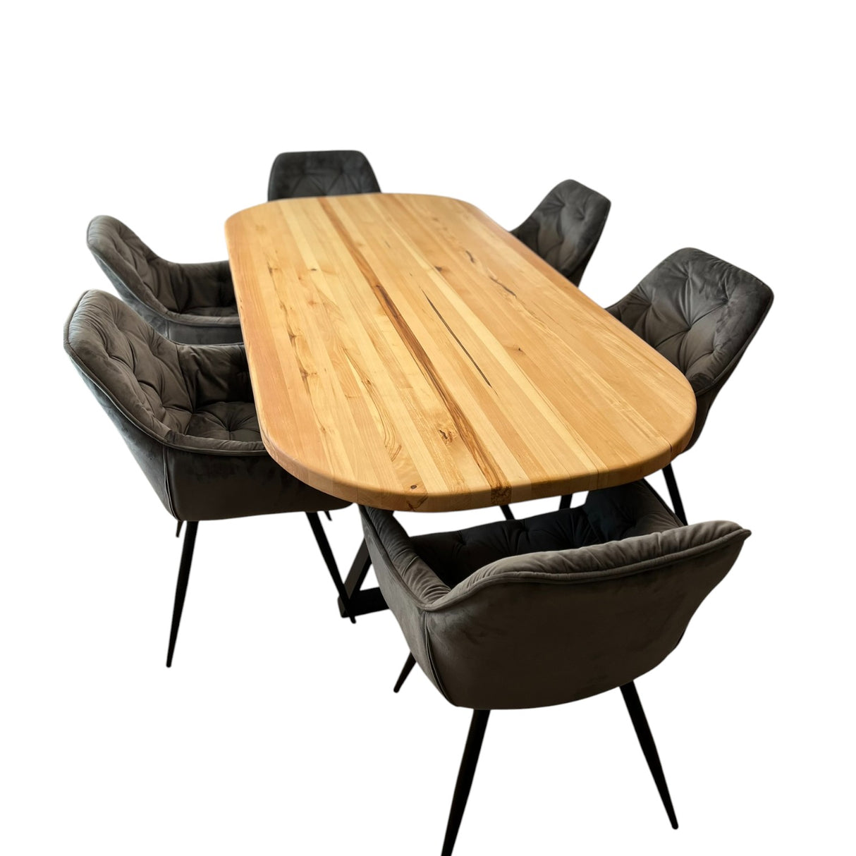 Set masa cu scaune bucatarie, dining,living, sufragerie, blat oval, din lemn masiv cu picioare metalice moderne,scaune gri, 6 persoane, set Cornelia