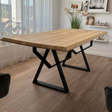 Set masa cu scaune bucatarie, dining,living, sufragerie, blat din lemn masiv cu picioare metalice, scaune husa gri, 6 persoane, IOANA
