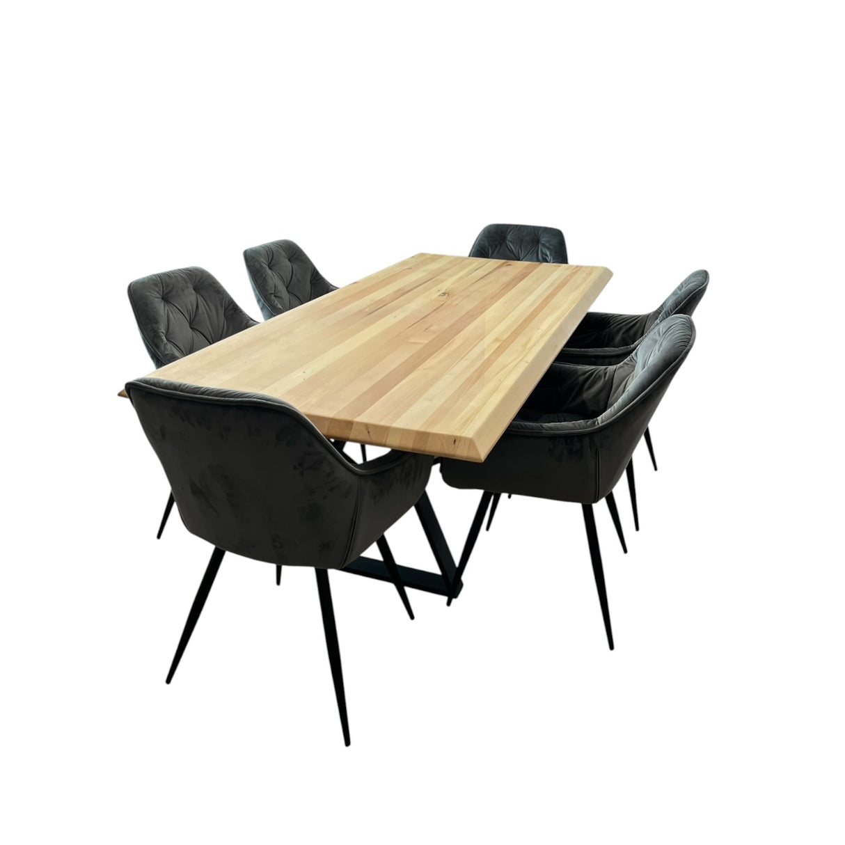 Set masa cu scaune bucatarie, dining,living, sufragerie, blat din lemn masiv cu picioare metalice moderne,scaune gri, 6 persoane, set Bianca