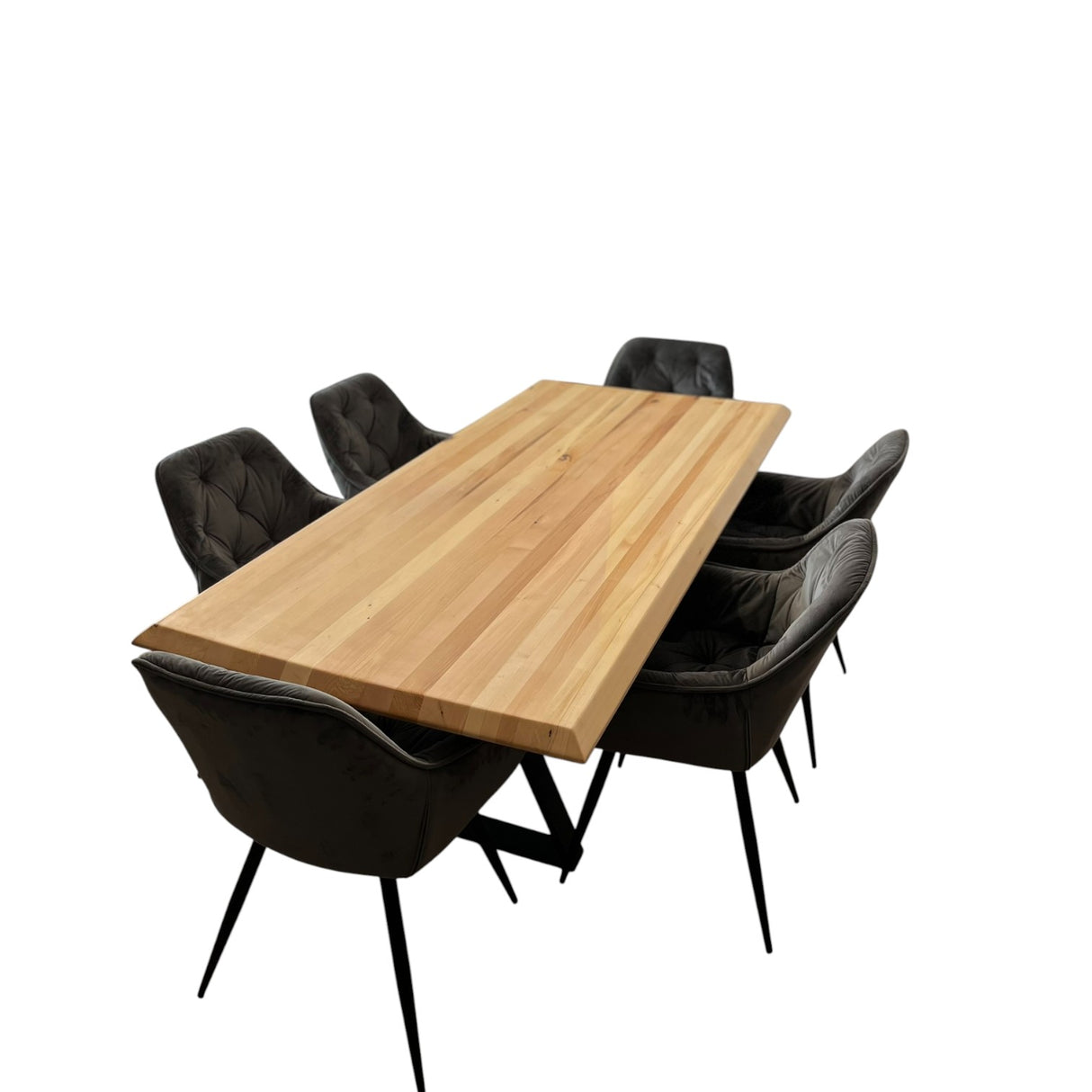 Set masa cu scaune bucatarie, dining,living, sufragerie, blat din lemn masiv cu picioare metalice moderne,scaune gri, 6 persoane, set Bianca