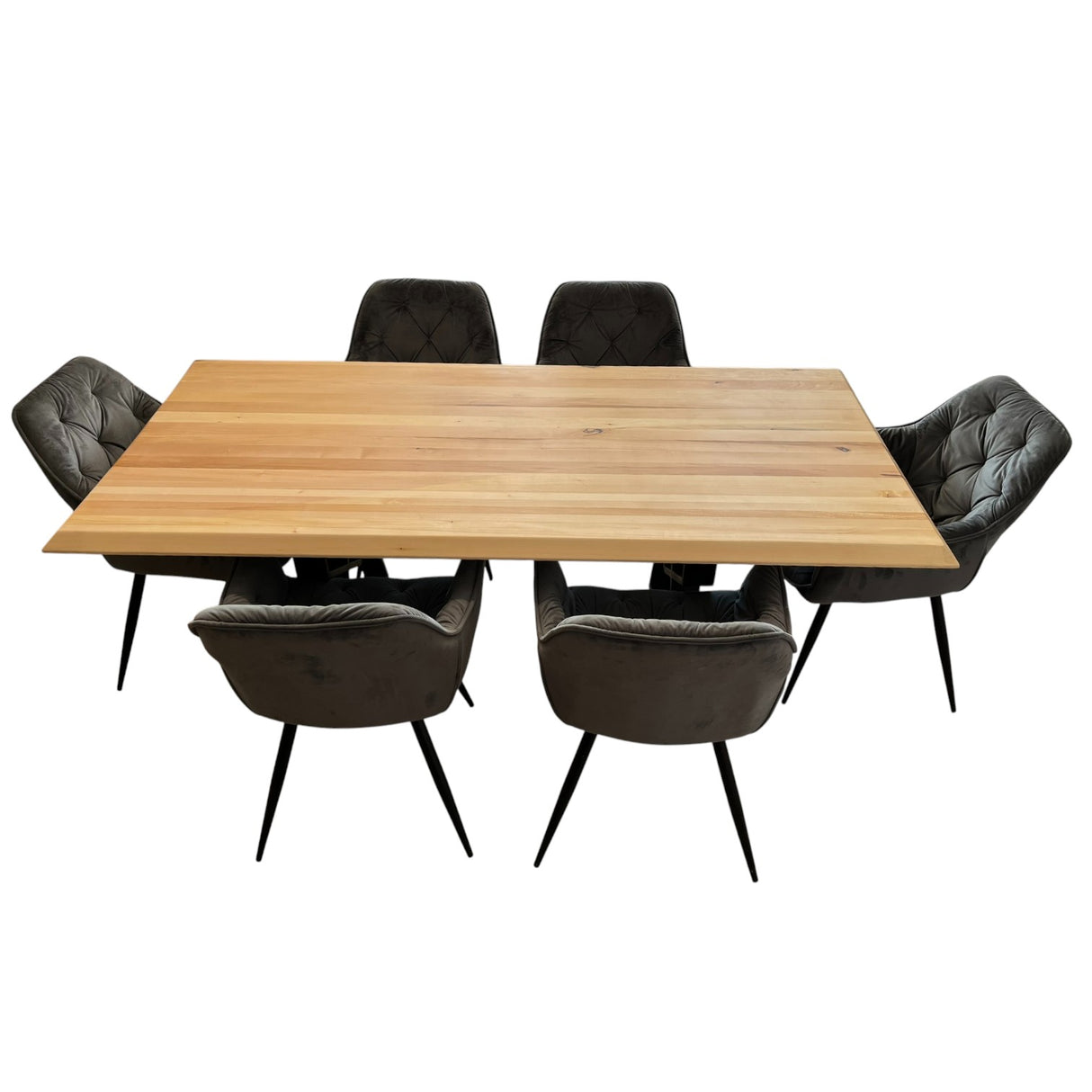 Set masa cu scaune bucatarie, dining,living, sufragerie, blat din lemn masiv cu picioare metalice moderne,scaune gri, 6 persoane, set Bianca
