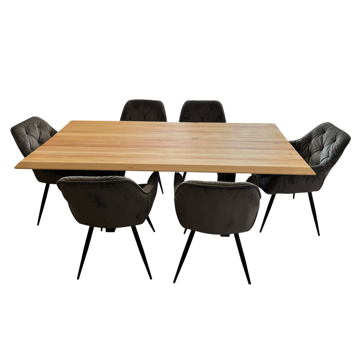 Set masa cu scaune bucatarie, dining,living, sufragerie, blat din lemn masiv cu picioare metalice moderne,scaune gri, 6 persoane, set Bianca