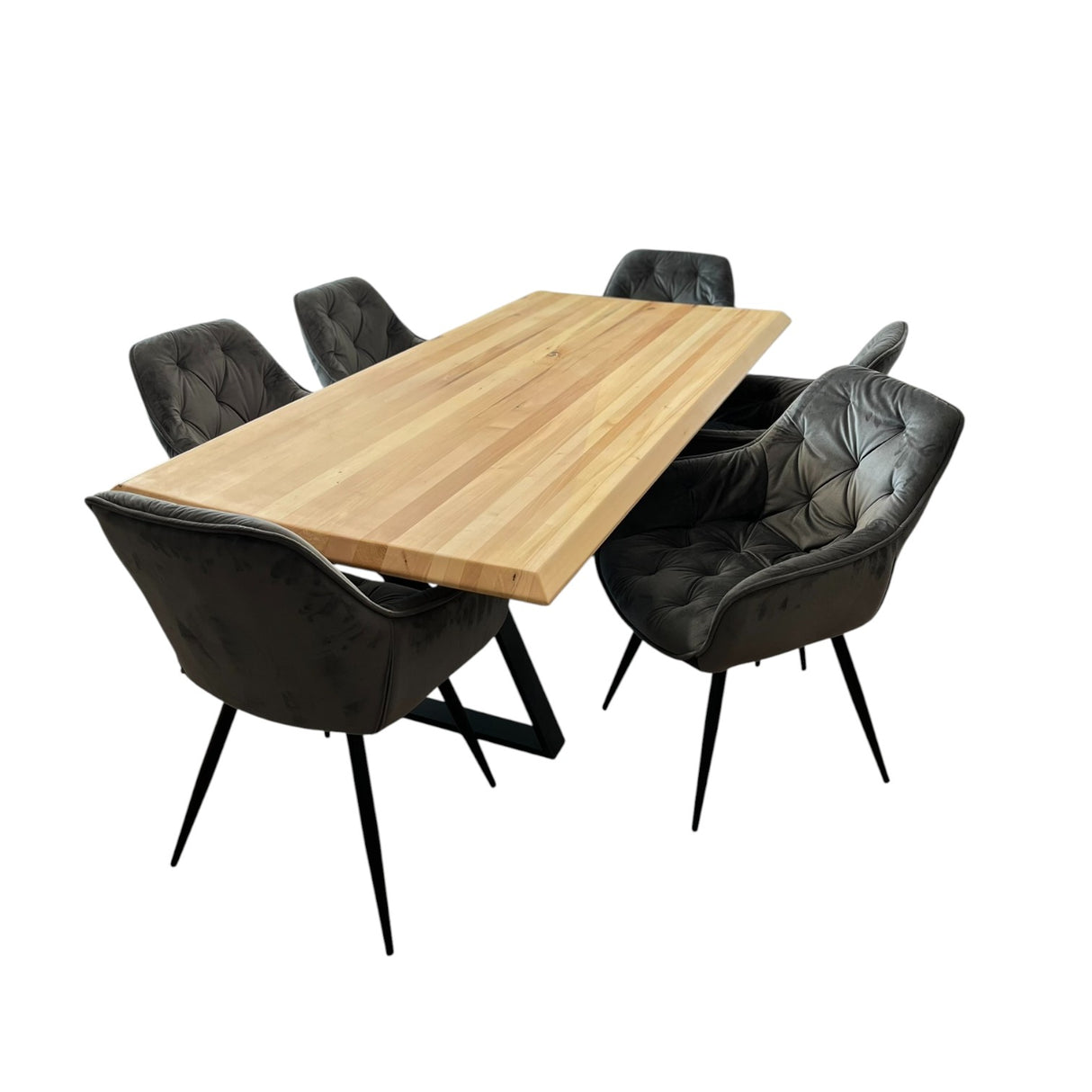 Set masa cu scaune bucatarie, dining,living, sufragerie, blat din lemn masiv cu picioare metalice, scaune husa gri, 6 persoane, IOANA