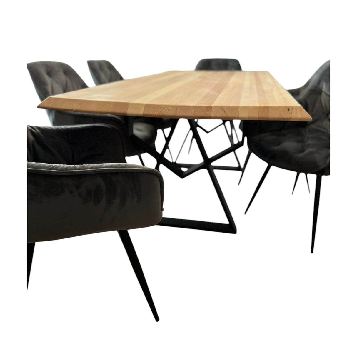 Set masa cu scaune bucatarie, dining,living, sufragerie, blat din lemn masiv cu picioare metalice moderne,scaune gri, 6 persoane, set Bianca