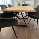 Set masa cu scaune bucatarie, dining,living, sufragerie, blat din lemn masiv cu picioare metalice moderne,scaune gri, 6 persoane, set Bianca