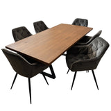 Set masa cu scaune bucatarie, dining,living, sufragerie, blat din lemn masiv cu picioare metalice, scaune husa gri, 6 persoane, SABRINA