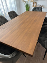 Set masa cu scaune bucatarie, dining,living, sufragerie, blat din lemn masiv cu picioare metalice moderne, scaune husa catifea verde, 6 persoane, set Maria