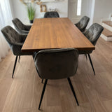 Set masa cu scaune bucatarie, dining,living, sufragerie, blat din lemn masiv cu picioare metalice, scaune husa gri, 6 persoane, SABRINA