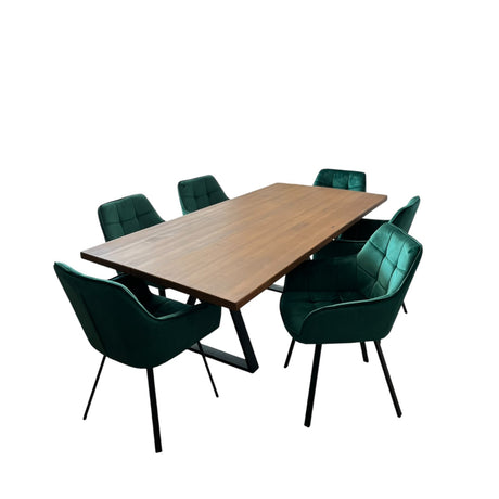 Set masa cu scaune bucatarie, dining,living, sufragerie, blat din lemn masiv cu picioare metalice moderne, scaune husa catifea verde, 6 persoane, set Maria